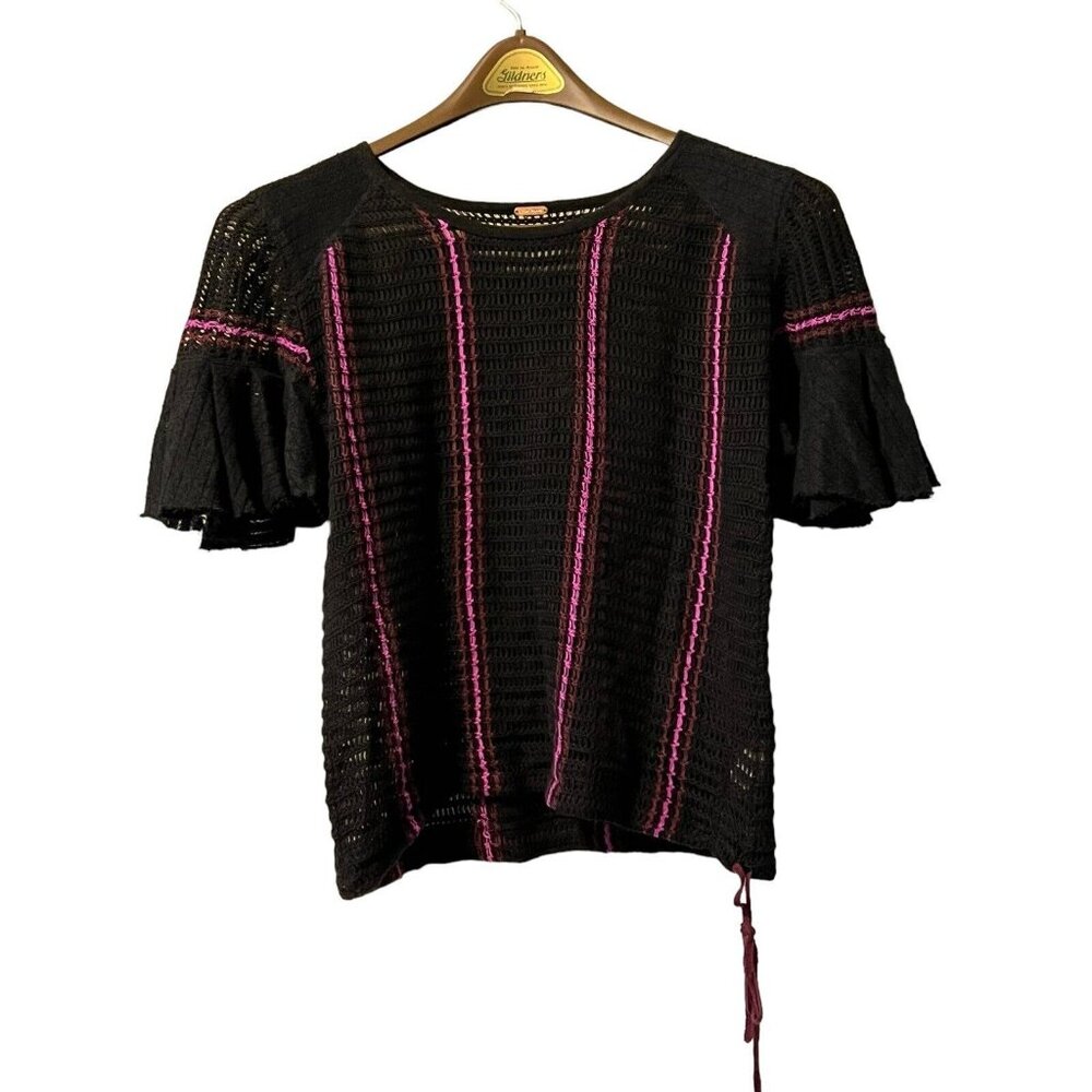 Free People Beach Black Crochet Open Knit Tunic Top Size Measured Boho Cottage